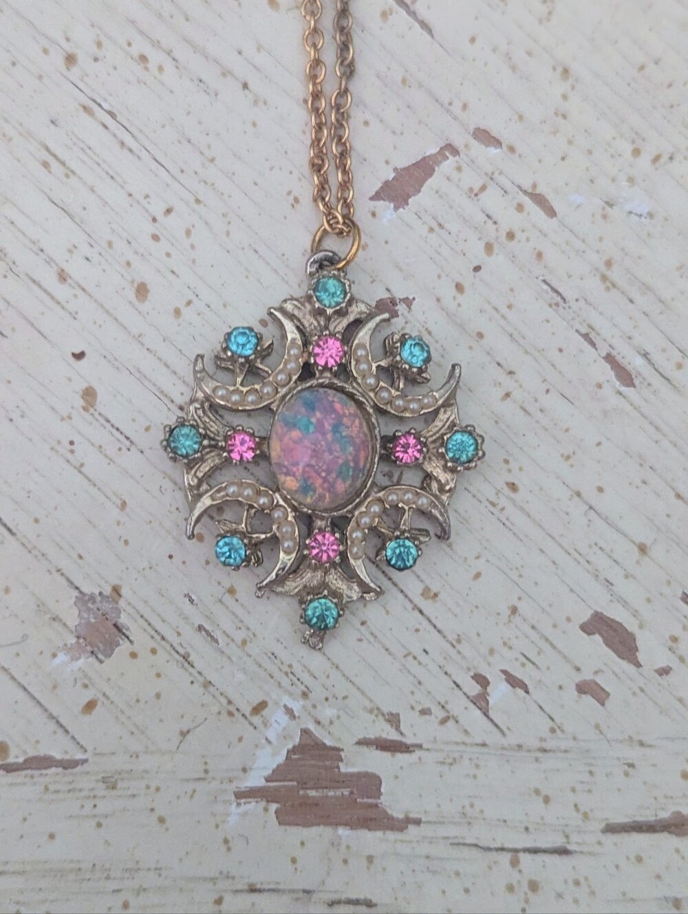 Vintage-Inspired Pink & Turquoise Opal Pendant Necklace